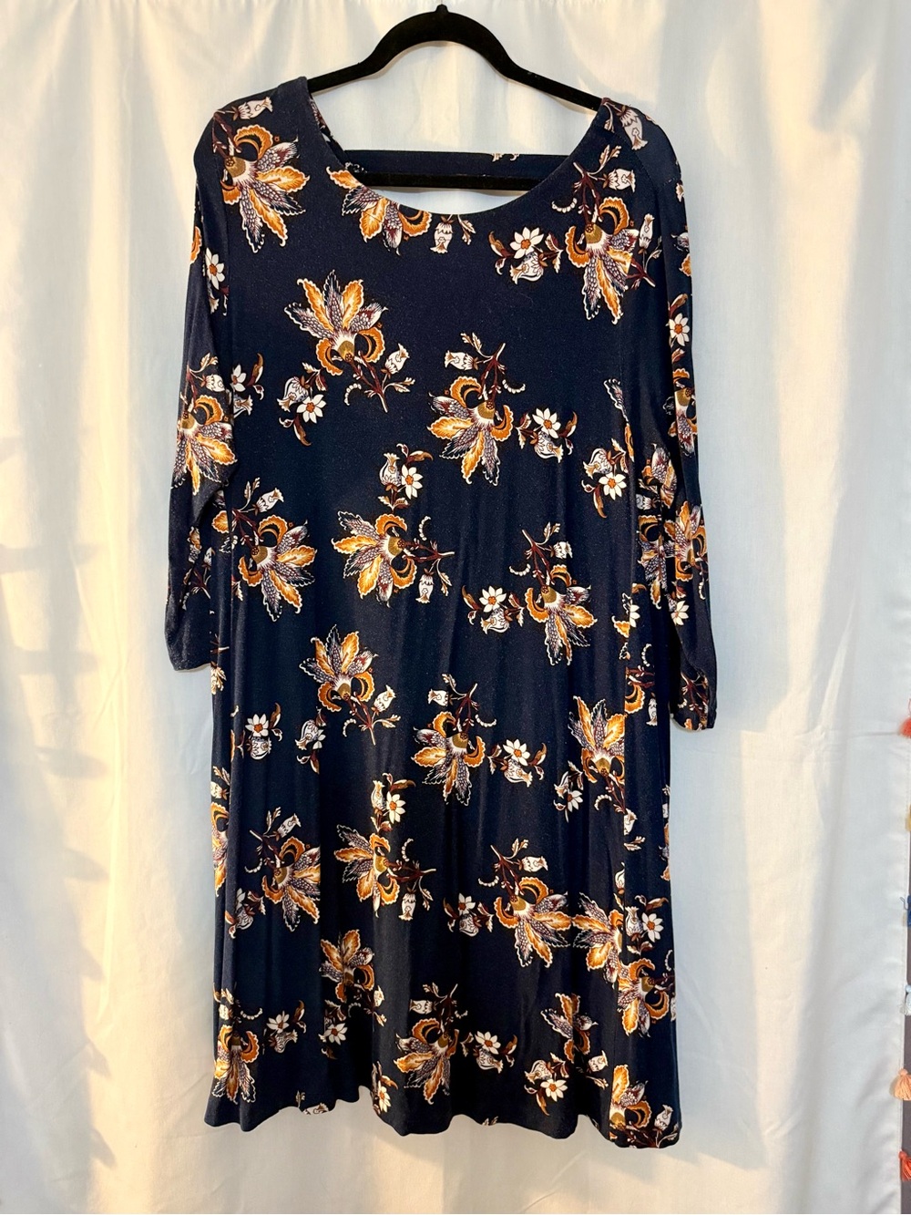 LOFT Outlet Navy Floral Swing Dress | XL Strappy Back Cutout 3/4 Sleeve